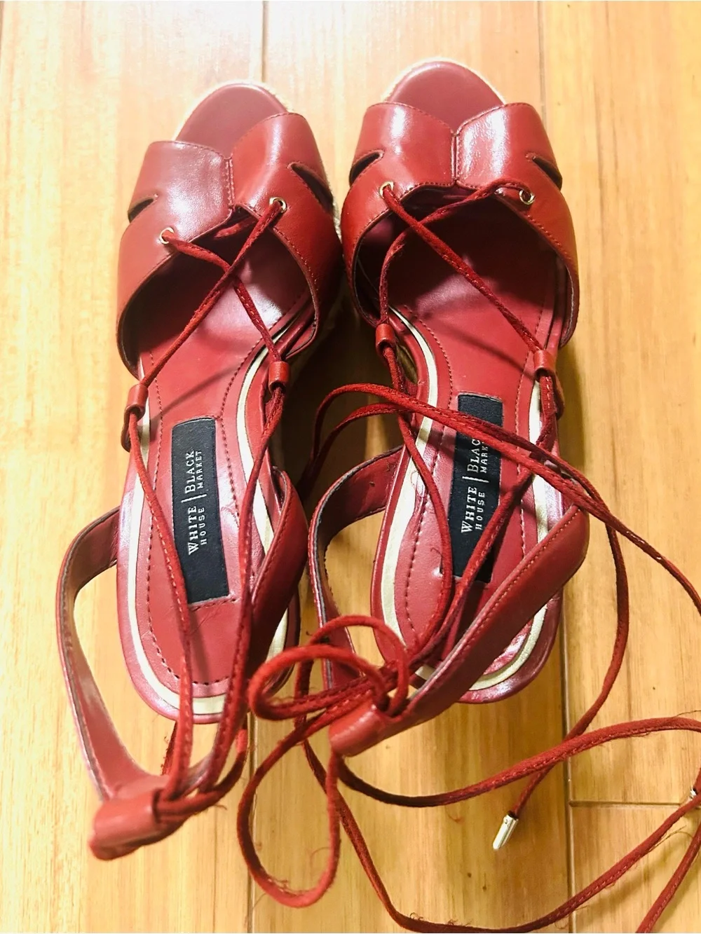White House Black Market Red Lace-Up Espadrille Wedges